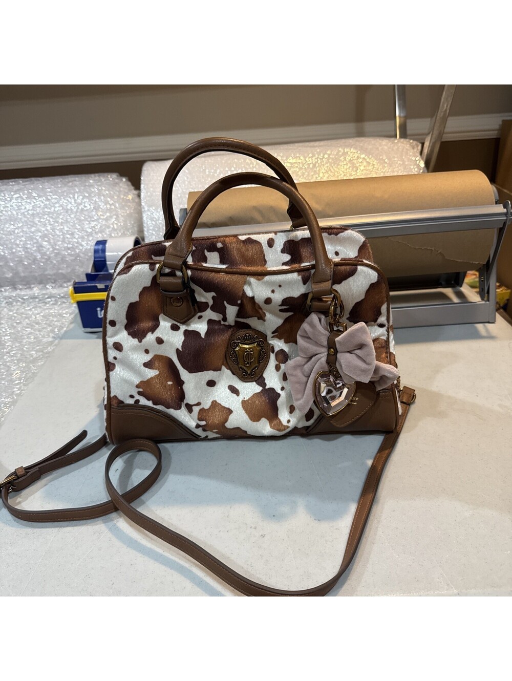 Juicy Couture Romance Cow Print Satchel In Saddle Brown W/Charm Viral NEW